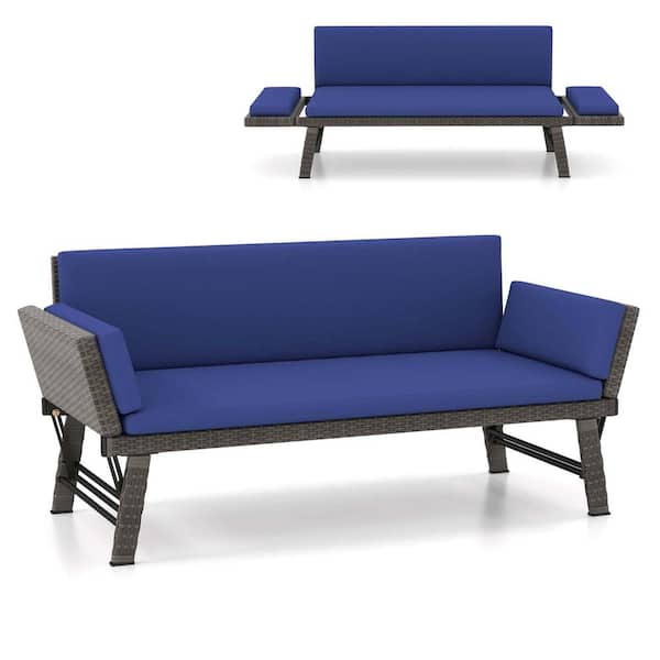 Costway Wicker Outdoor Day Bed Convertible Sofa with Adjustable Armrests Removable Navy Cushions