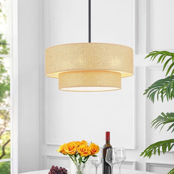 18 in. 4-Light Tan Drum Shaded Chandelier with 2-Tier Fabric Shade