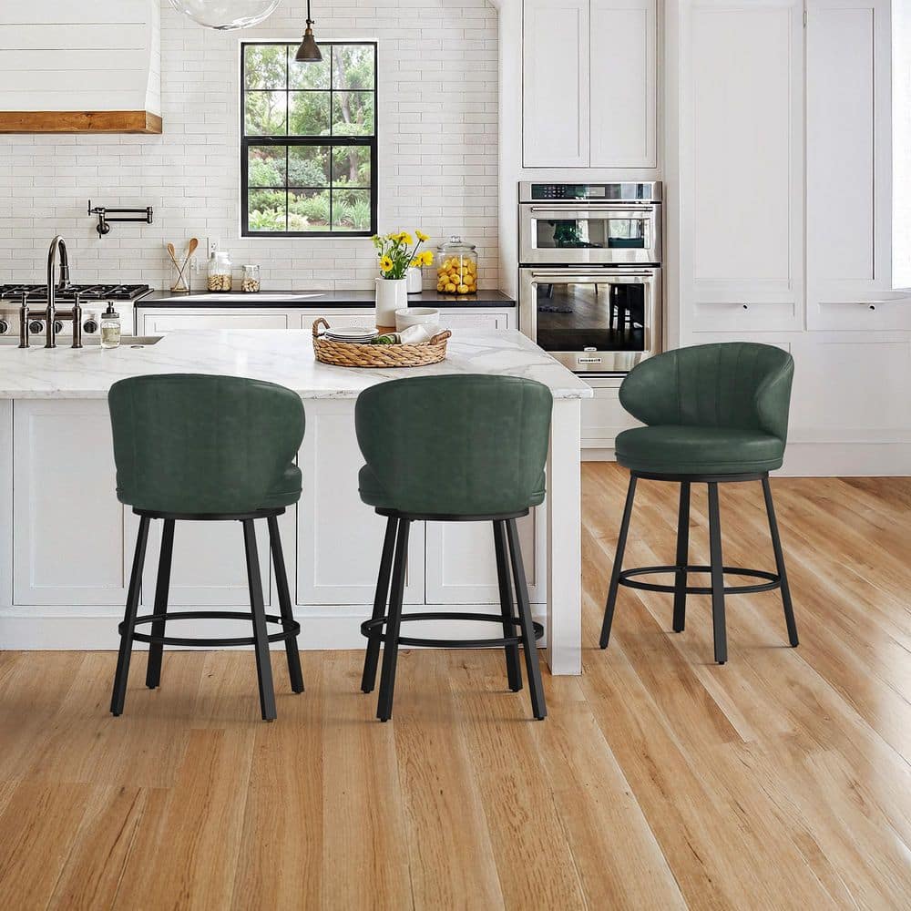 Mattis 26 in. Green Faux Leather Metal Frame Upholstered Counter Height Swivel BarStools with Curved Low Back (Set of 3) price history on PriceWatchPro