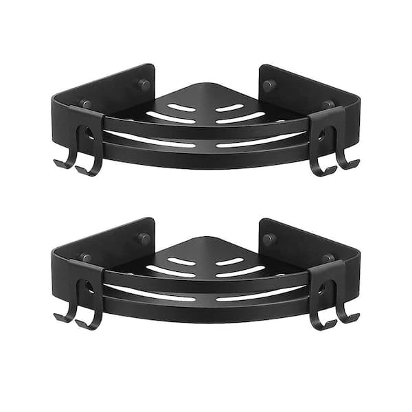 Kahomvis 8.66 in. W. x 1.8 in. H x 8.66 in. D Bath Corner Wall-Mounted Aluminum Quarter Round Shelf with 2-Hooks in Black, 2-Pack