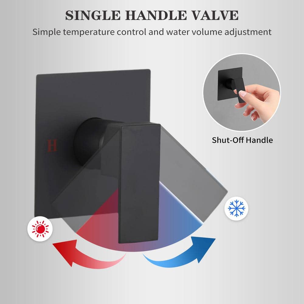 Matte Black Square Rainfall Shower Faucet Set with Valve