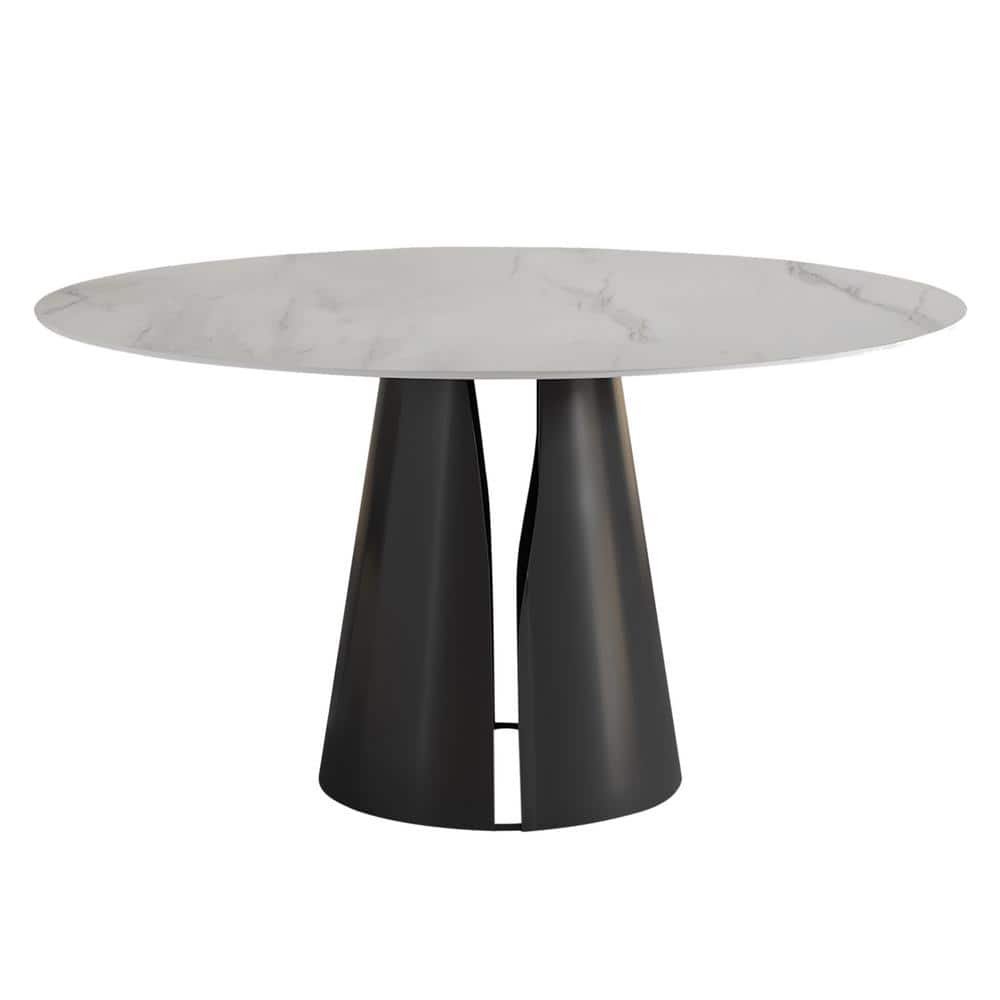 Modern Round White Snowy Mountain Stone Tabletop 53.15 in. Carbon Steel Bla