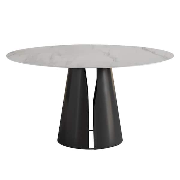Lesly Modern Round White Snowy Mountain Stone Tabletop 53.15 in. Carbon Steel Black Pedestal Base Dining Table (4 Seats)