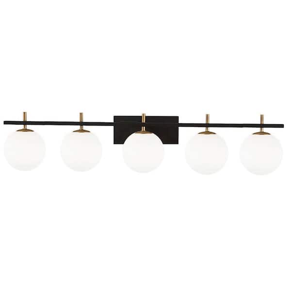 Dainolite Vivaldi 41.25 in. 5-Light Matte Black Vanity Light with White Glass Shade
