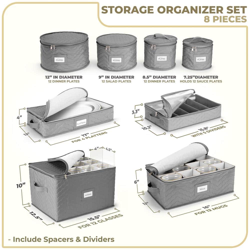 Sorbus Quilted Gray 8-Piece Dinnerware Storage Set with Felt Protectors