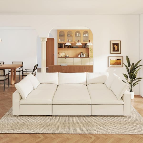 118 in. Modular White Linen Down Filled Queen Size 5-Seat Sleeper Cloud Sofa Bed with Ottoman, Detachable Covers