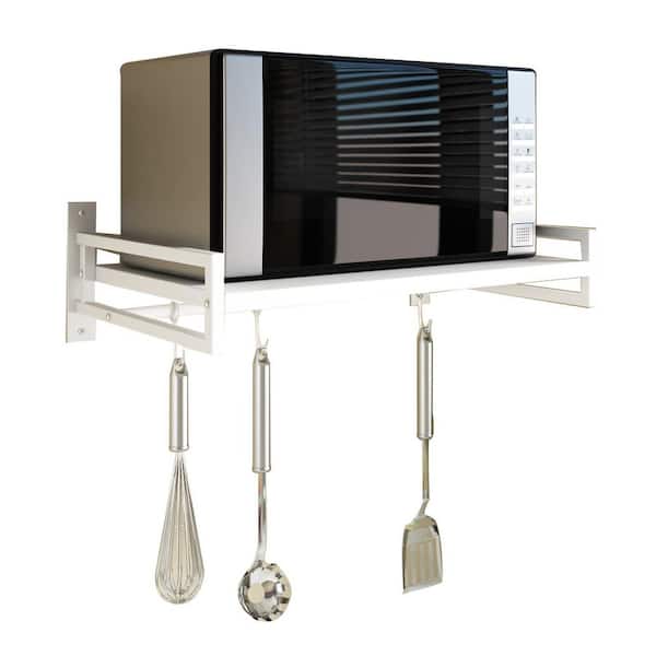 14 in. D x 23 in. W x 6.5 in. H Wall Mount Microwave Oven Shelf Rack with Hook Rail and 3-Slidable Hooks, White