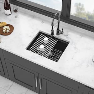 21 in. Undermount Single Bowl Quartz Black Kitchen Sink with Bottom Grids