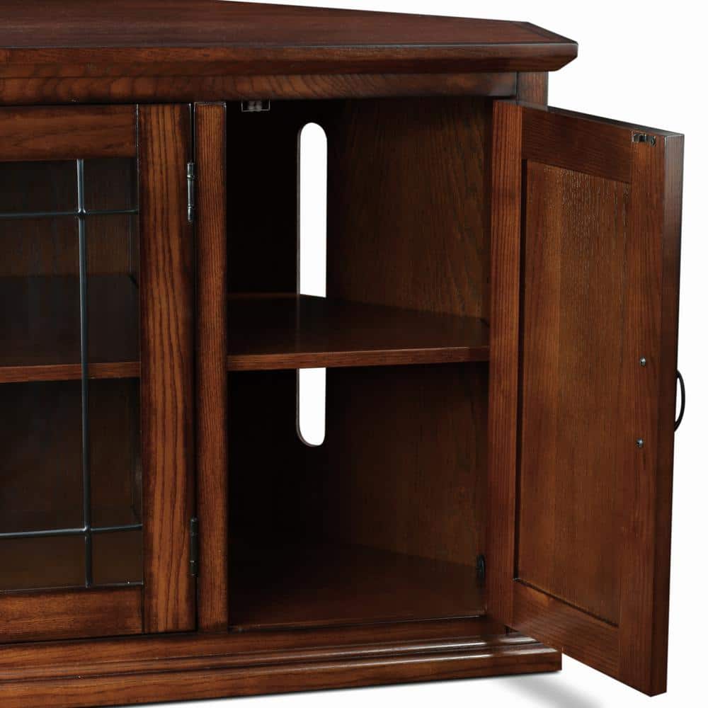 Burnished Oak 50" Corner TV Stand with Leaded Glass Doors