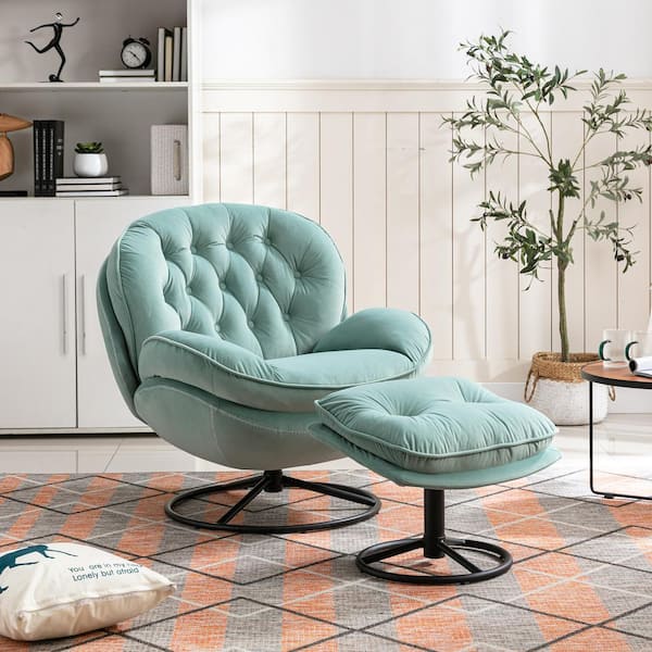Mint Green Velvet Tufted Accent Sofa Chair And Ottoman Set