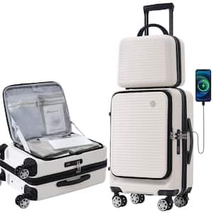 2-Piece White ABS Hardshell Spinner 20 in. Luggage Set with Portable Carrying Case, TSA Lock, Front Pocket, USB Port