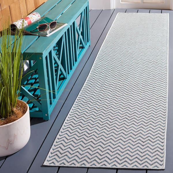 Hampton Beige/Aqua 2 ft. x 9 ft. Striped Zig-Zag Indoor/Outdoor Runner Rug