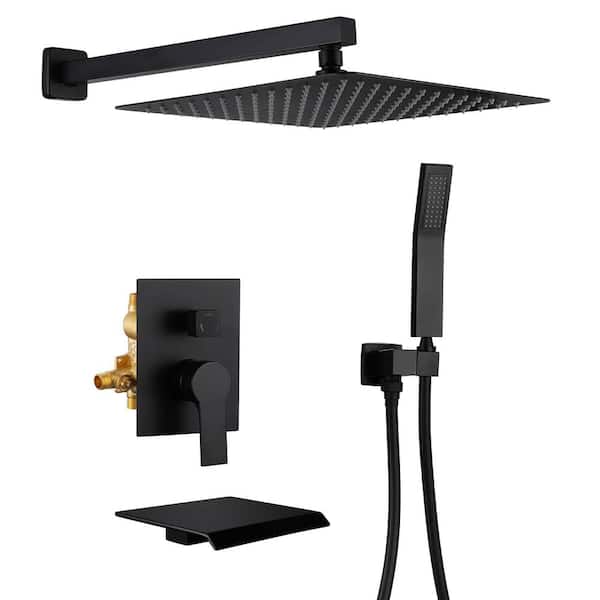 FLG Single-Handle 1-Spray Wall Mount Tub and Shower Faucet with 12 in. Shower Head Kit Trim in Matte Black (Valve Included)