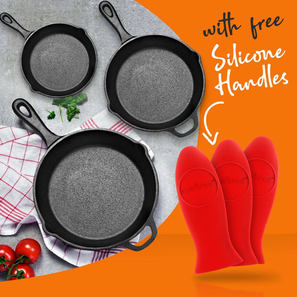 NutriChef 3-Piece Black Cast Iron Skillet Set with Red Silicone Handles