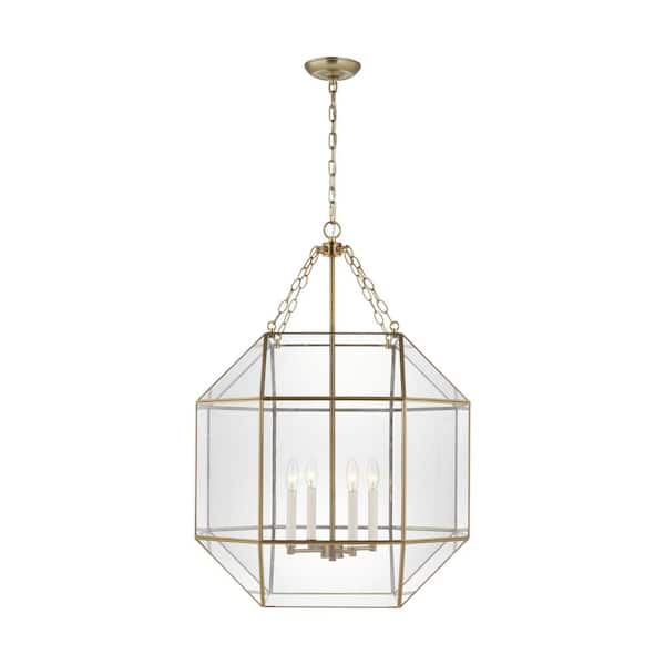 Generation Lighting Morrison 23.25 in. Large 4-Light Satin Brass Panel Octagonal Hanging Pendant Light with A Clear Glass
