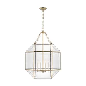 Morrison 23.25 in. Large 4-Light Satin Brass Panel Octagonal Hanging Pendant Light with A Clear Glass