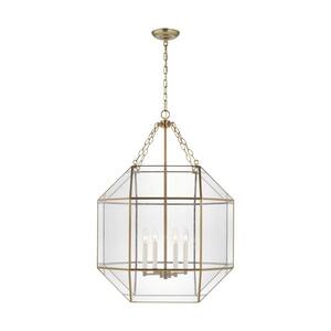 Morrison 23.25 in. Large 4-Light Satin Brass Octagonal Hanging Pendant With A Clear Glass Shade