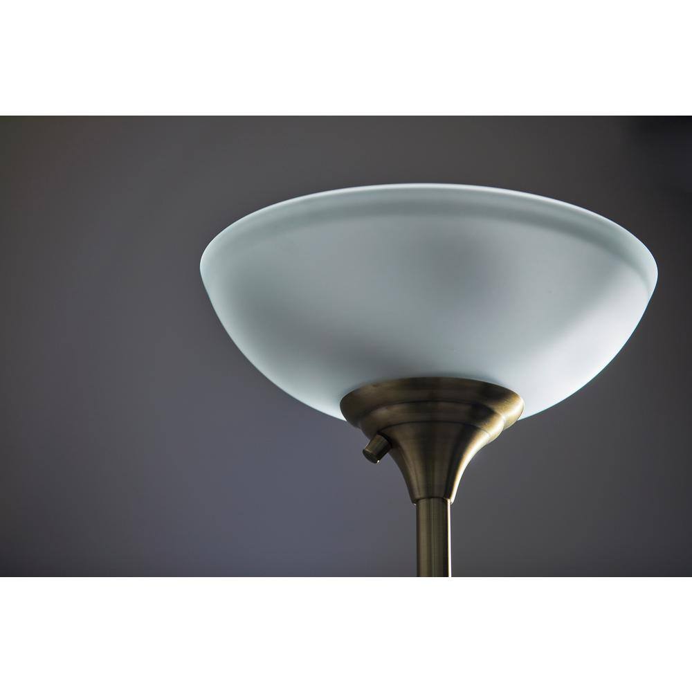 71" Black and Antique Brass Torchiere Floor Lamp with Frosted Glass Shade