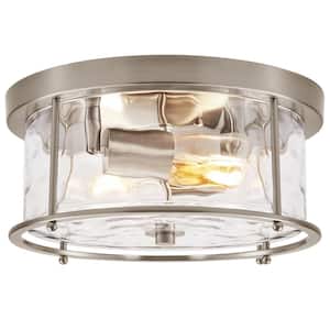 12.5 in. 2-Light Nickel Flush Mount Water Ripple Glass Ceiling Light with Metal Frame