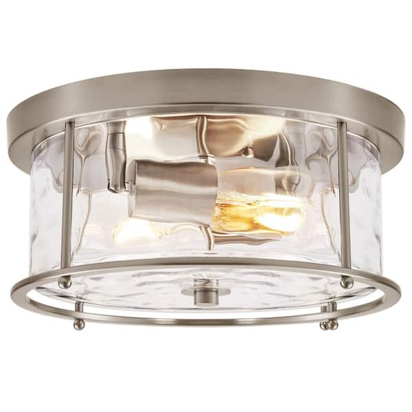 LamQee 12.5 in. 2-Light Nickel Flush Mount Water Ripple Glass Ceiling Light with Metal Frame
