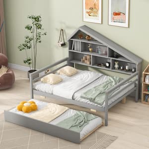 Gray Wood Frame Full Size Platform Bed with Trundle and Five Storage Shelves