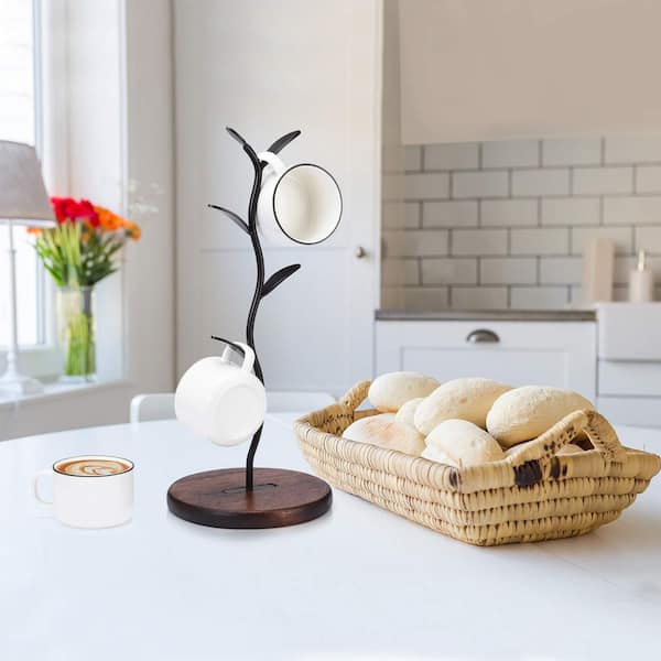 15.7 in. 5-Hook Black Steel Countertop Coffee Mug Tree Holder with Wooden Base for Kitchen Counter Bar