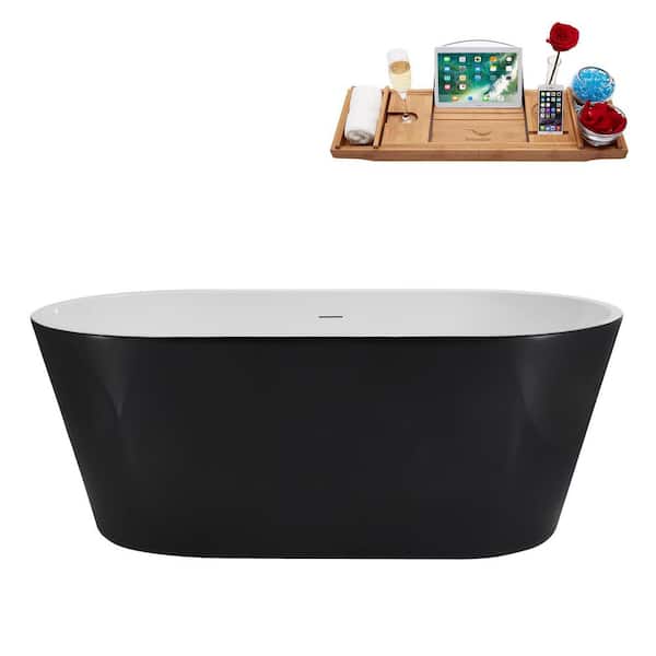 59 in. x 31 in. Acrylic Freestanding Soaking Bathtub in Glossy Black with Polished Chrome Drain