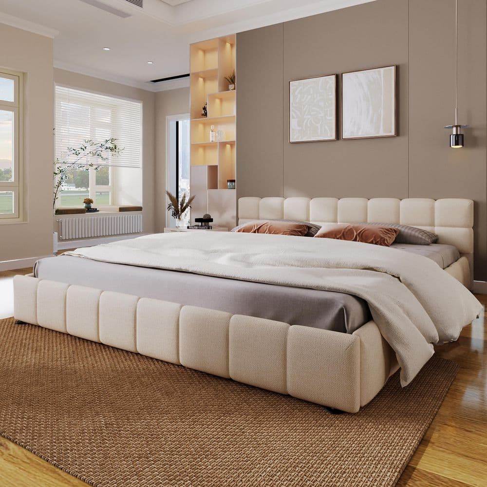 Jackson Beige Chenille Upholstered Wood Frame King Size Platform Bed with Checkerboard Headboard