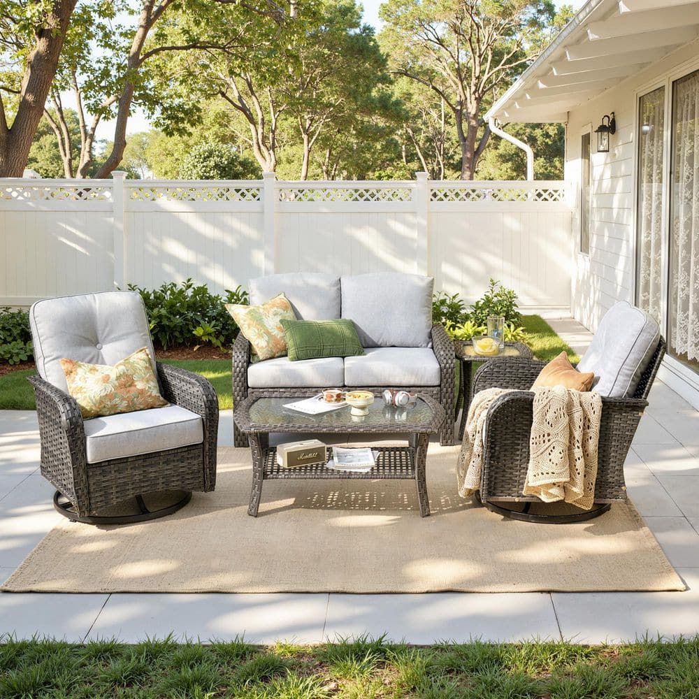 Ada Gray 5-Piece Wicker Outdoor Patio Conversation Sofa Loveseat Set with Swivel Chairs and Light Gray Cushions price history on PriceWatchPro