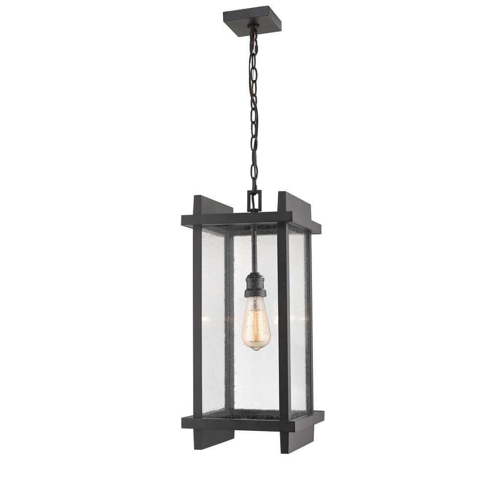 1-Light Black Outdoor Pendant Light with Clear Seedy Glass Shade