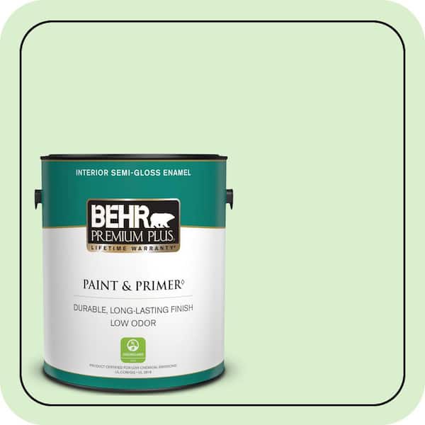 BEHR PREMIUM PLUS 1 gal. #430A-2 Seafoam Spray Semi-Gloss Enamel Low Odor Interior Paint & Primer