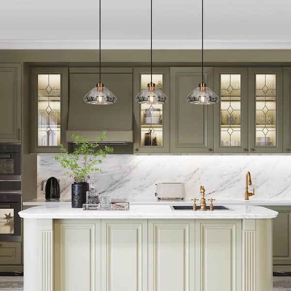 Modern 9.8 in. 1-Light Black and Plated Brass Classic Pendant with Textured Glass Shade Kitchen Island Ceiling Light