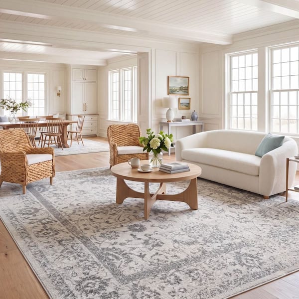 Adirondack Ivory/Silver 9 ft. x 12 ft. Border Distressed Area Rug