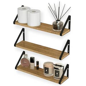 4.8 in. x 17 in. x 4.7 in. Natural Burned Wood Decorative Wall Shelves with Brackets (Set of 3)