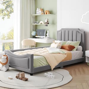 Gray Wood Frame Twin Size Velvet Upholstered Daybed with Classic Vertical Stripe Shaped Headboard, Nailhead Trim Design
