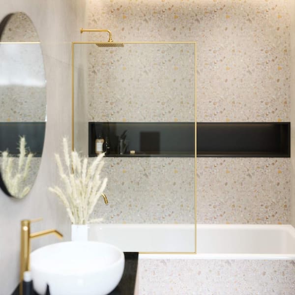 FINE FIXTURES 34.25 in. W x 58 in. H Fixed Tub Door Full Frame in Brass Finish with Tempered Clear Glass