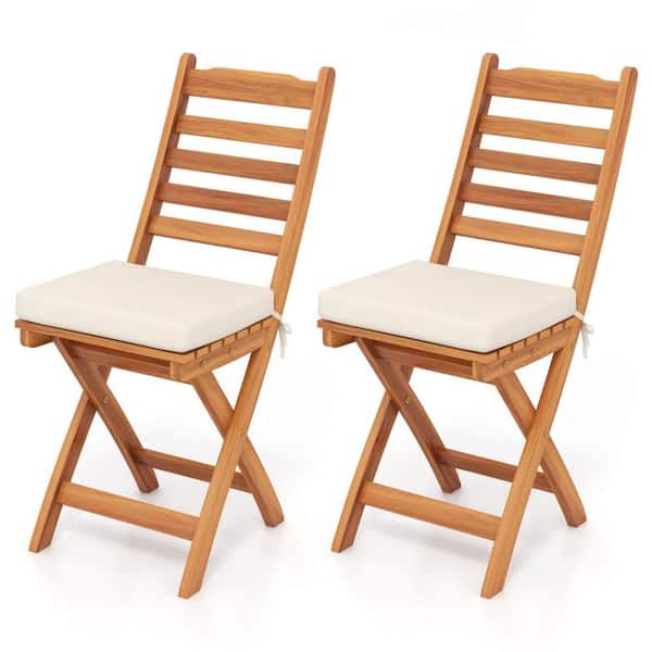 Wood Outdoor Dining Chair Patio Folding Chairs with Slatted Backrests and Soft Seat White Cushion (2-Pack)