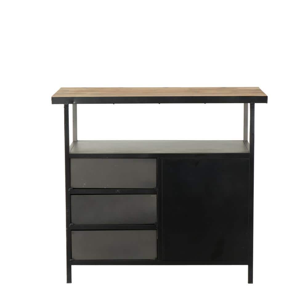 Gray Industrial Metal Cabinet with Wood Top and Drawers