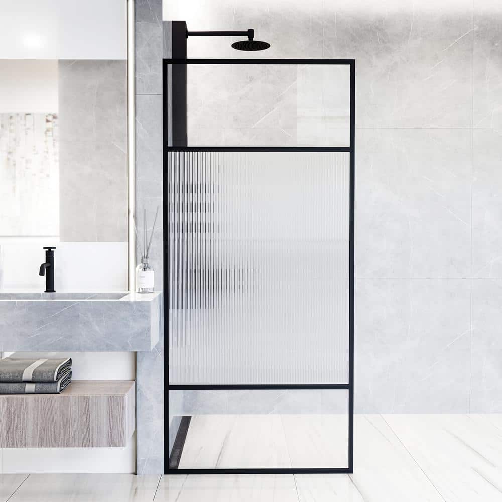 Essex Matte Black 34" x 74" Framed Fluted Glass Shower Screen