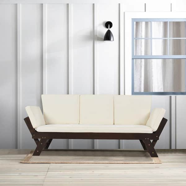 Tunearary Patio Brown Wood Outdoor Chaise Lounge Adjustable Sofa with Beige Cushions