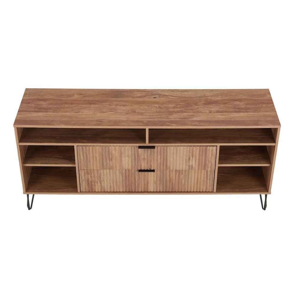 Golden Brown Mid-Century Modern TV Stand with Cabinet and Shelves
