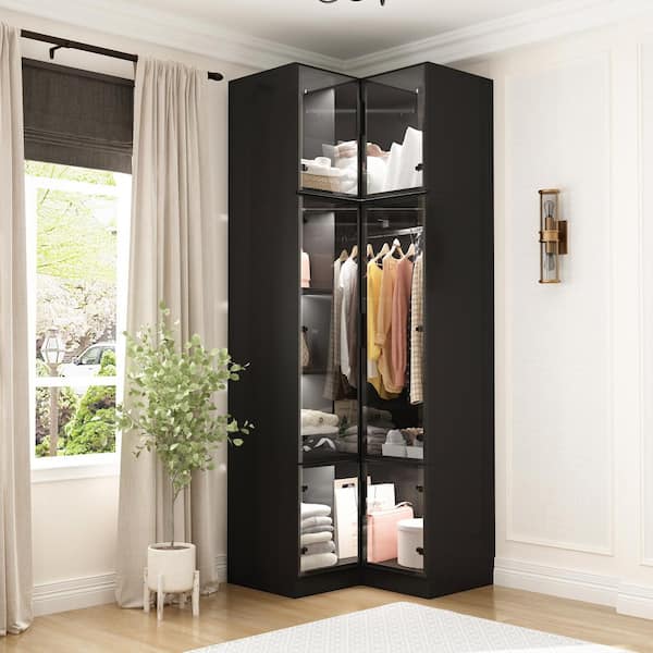 FUFU GAGA Black Wood 35.4 in. W 4 Door Corner Wardrobe Armoires Storage Display Cabinet with Glass Doors Hanging Rod LED Lights KF020476 477