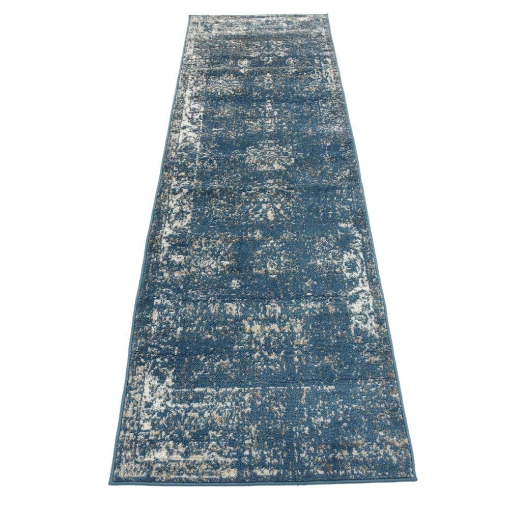 Blue and Ivory Low Pile Reversible Runner Rug
