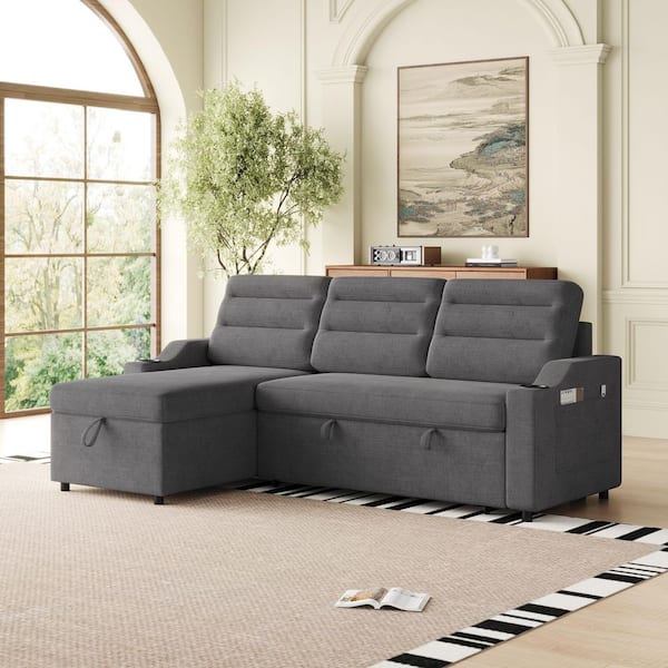 Dark Grey 83.5" Convertible Polyester Sleeper Full Size Sofa Bed with Pullout Bed, Storage Recliner & Cup Holders