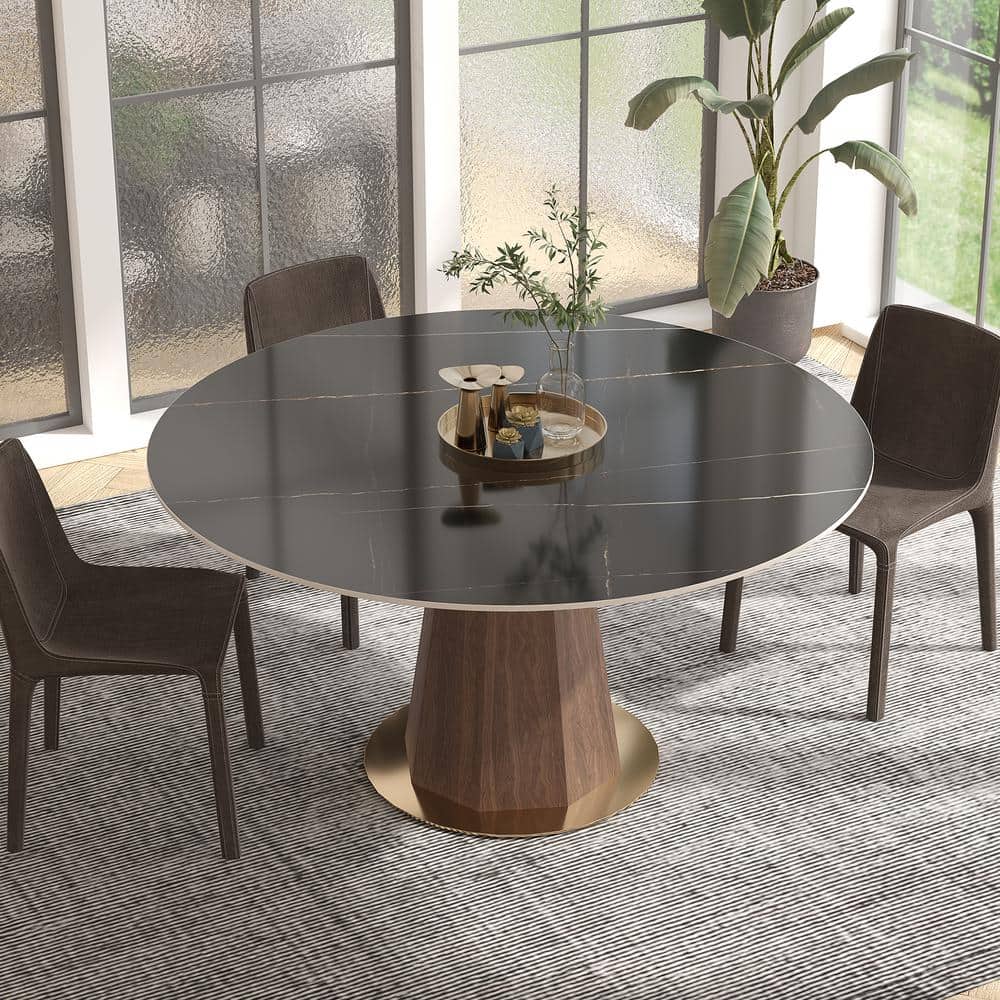 Modern Round Black Lauren Black Gold Stone Top 53.15 in. Walnut Pedestal Di
