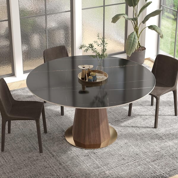 Lesly Modern Round Black Lauren Black Gold Stone Top 53.15 in. Walnut Pedestal Dining Table (Seats-4)