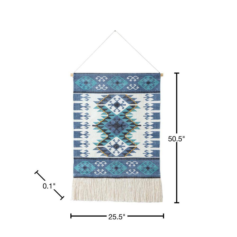 Blue and White Cotton Aztec Fringe Wall Hanging, 25.5"