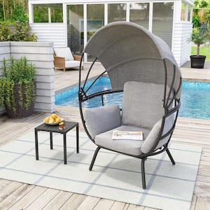 Black Aluminum Classic Outdoor Lounge Chair with Gray Cushion and Gray Sun Shade Cover