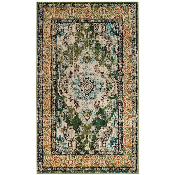 SAFAVIEH Monaco Doormat 3 ft. x 5 ft. Forest Green/Light Blue Border Area Rug