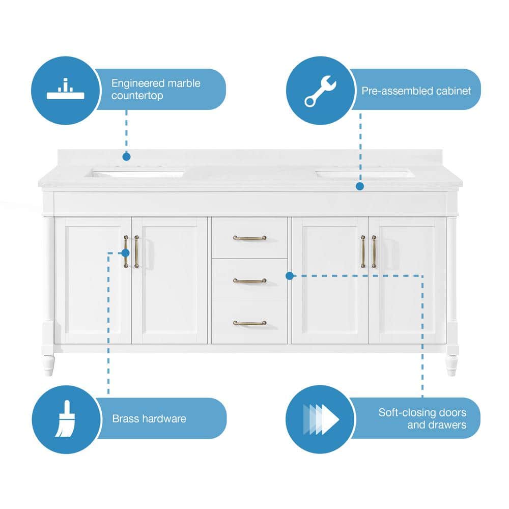 Salisbury 72" Pure White Double Sink Bathroom Vanity with Brass Hardware